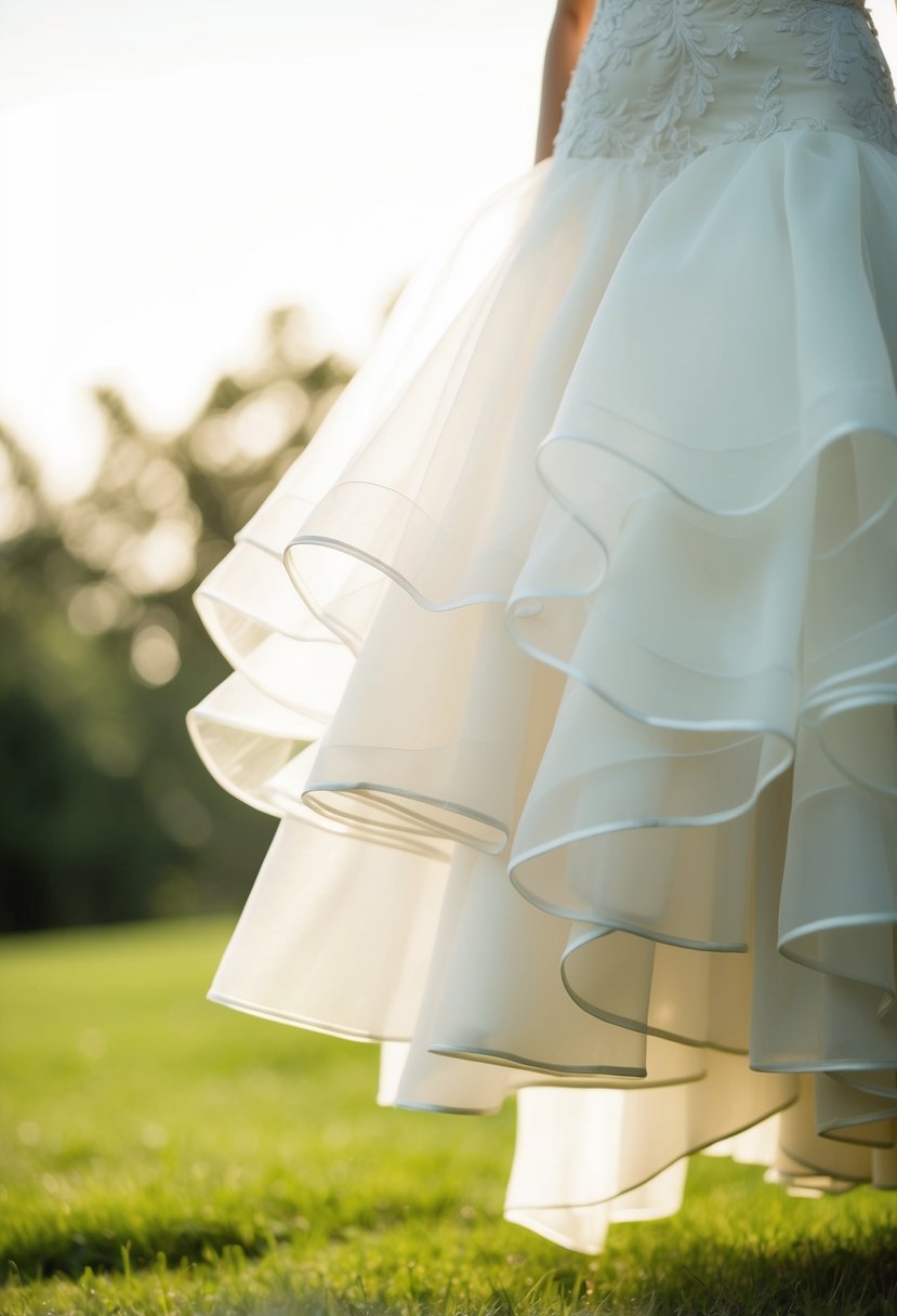 An organza fabric wedding dress billows softly in the breeze, catching the light to reveal its delicate, lightweight texture