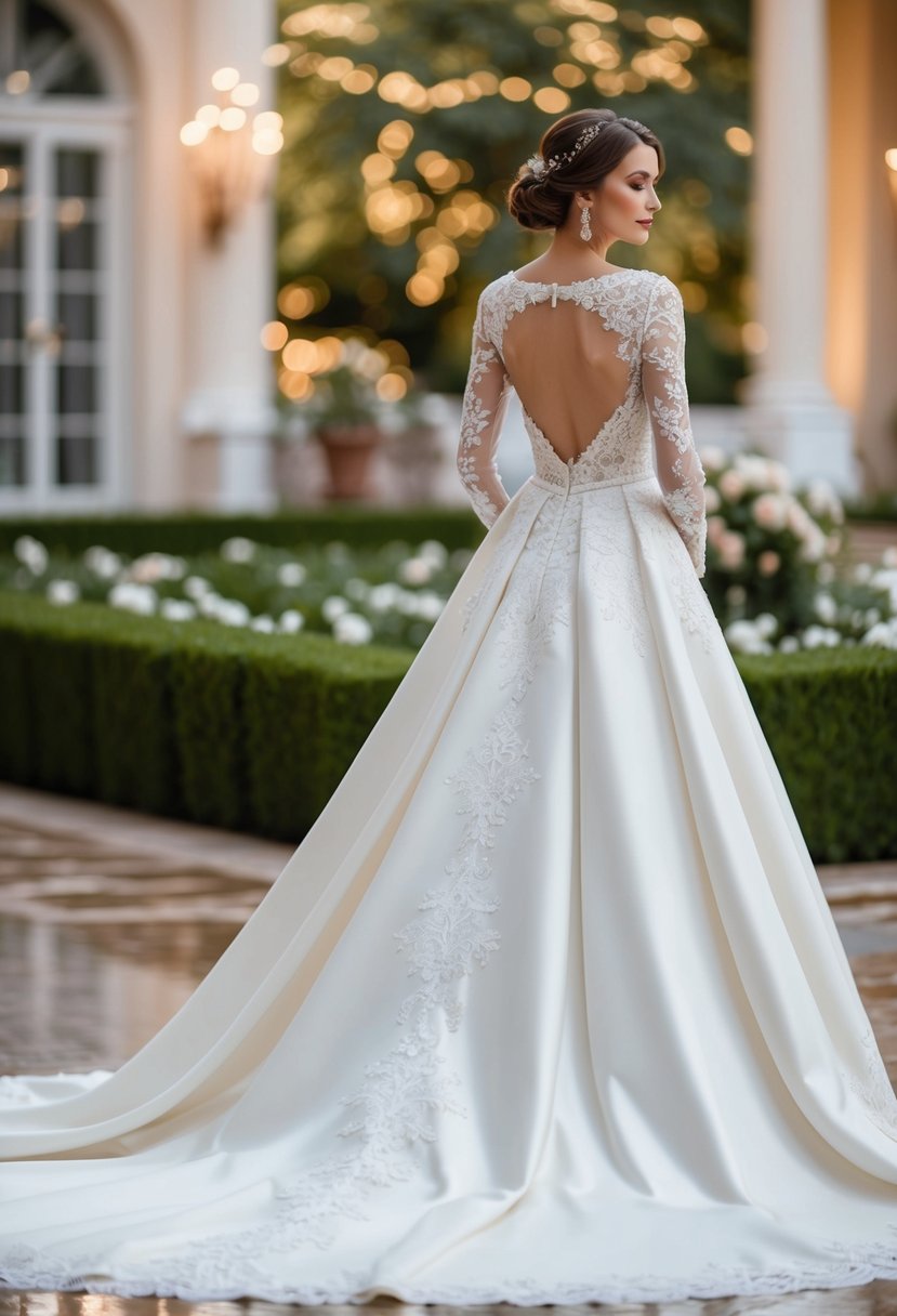 An elegant wedding dress with a low back, intricate lace, and flowing train, set against a backdrop of a romantic garden or grand ballroom