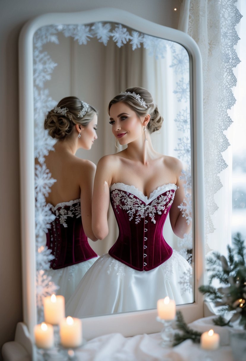 A winter bride in a velvet corset gazes at her reflection in a frosted mirror, surrounded by delicate lace and shimmering snowflakes