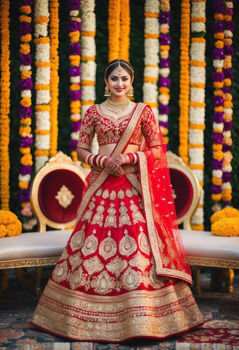 Gold and red lehenga adorned with intricate embroidery, surrounded by vibrant floral decor and traditional Indian motifs