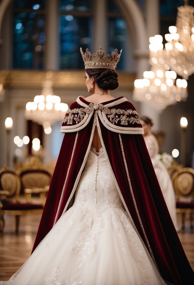 A regal cape flowing behind an elegant wedding dress, adorned with royal touches and intricate details