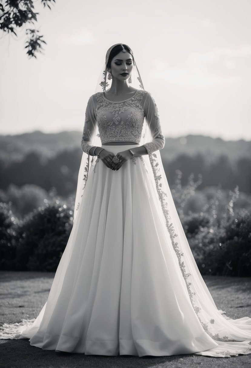 A simple, elegant bridal outfit in monochrome, with delicate embroidery and flowing drapes, set against a serene backdrop