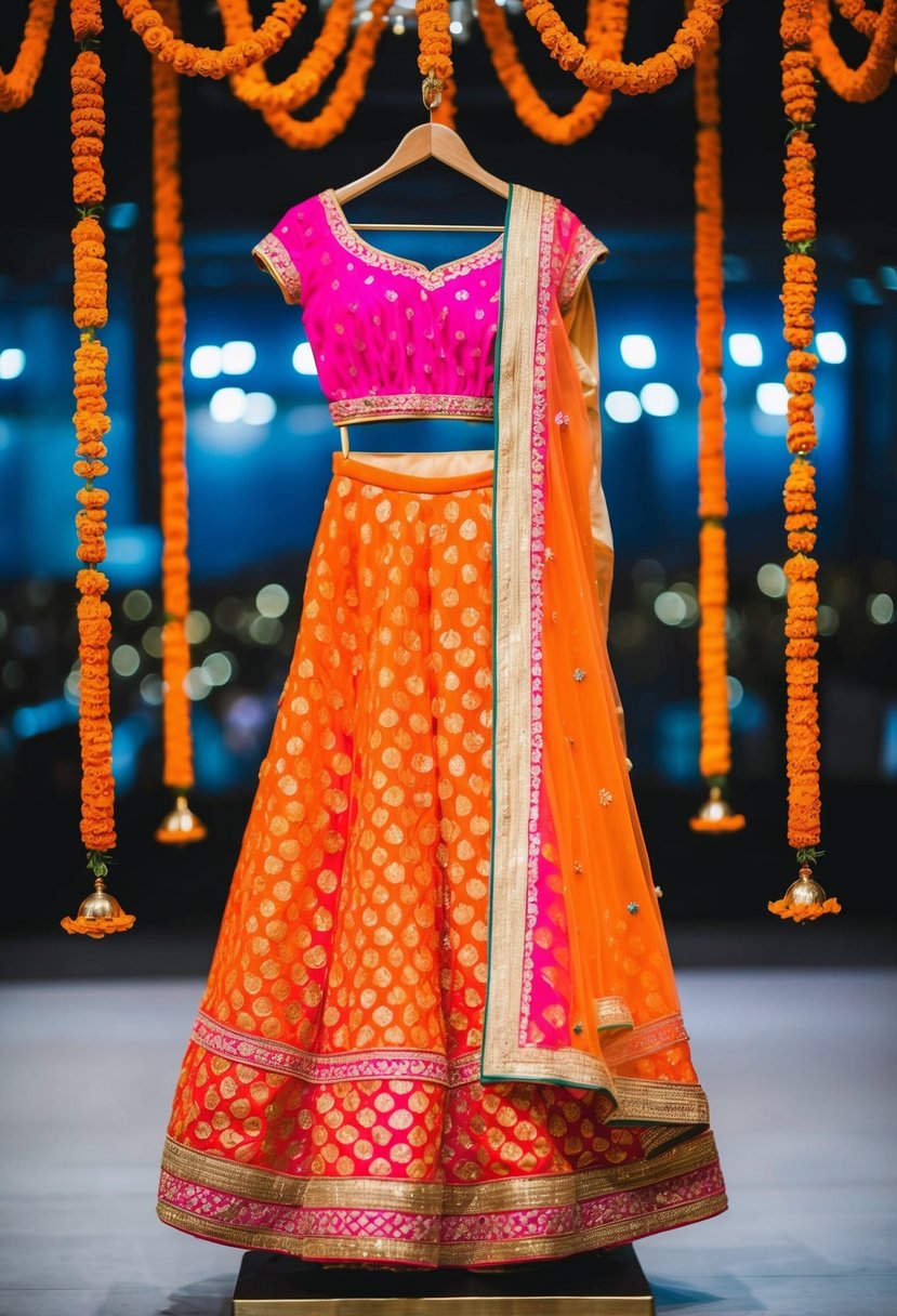 A vibrant orange and pink fusion lehenga displayed on a golden hanger