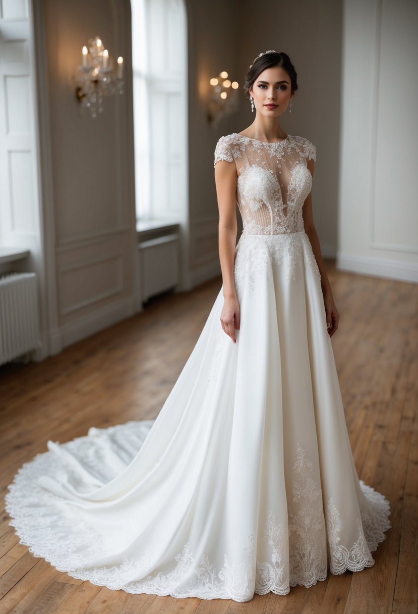 An elegant wedding dress with an illusion neckline, adorned with intricate lace and delicate beading, flowing gracefully onto the floor