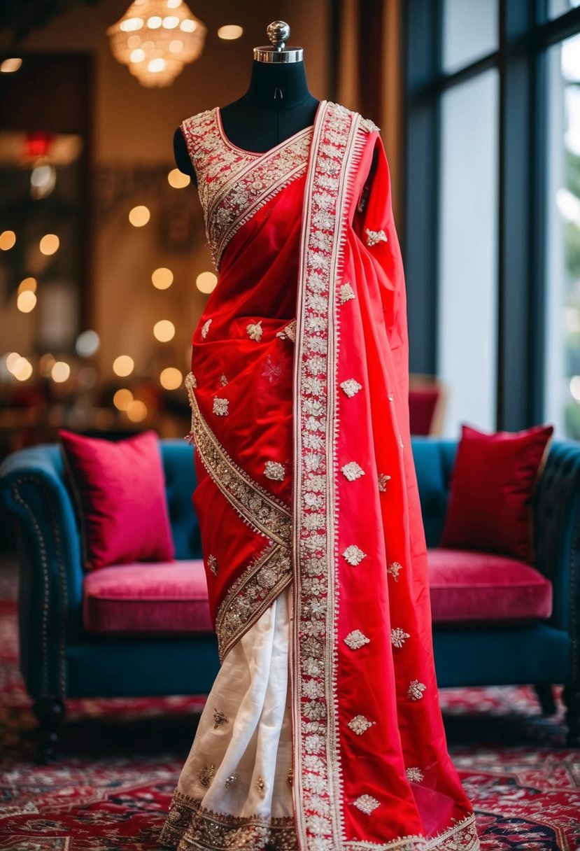 A vibrant red and white Gujarati panetar saree draped elegantly over a mannequin, showcasing intricate embroidery and traditional wedding attire