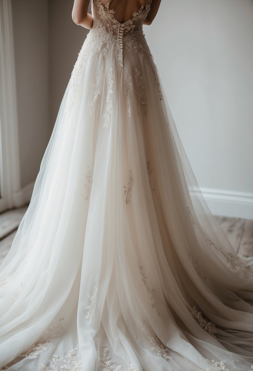 A flowing, ethereal wedding dress with delicate floral embroidery and a subtle shimmering sheen