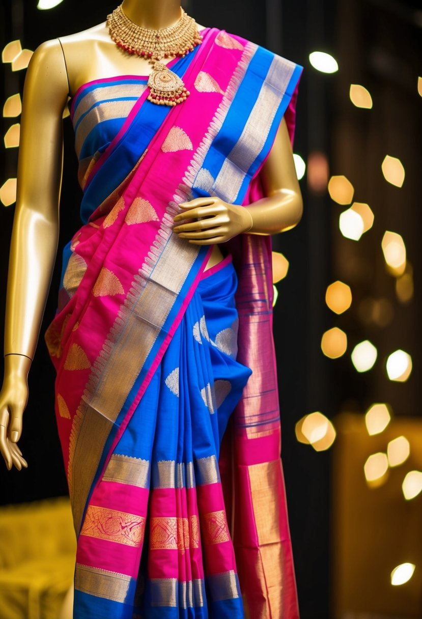 A vibrant Kanjivaram saree draped over a golden mannequin