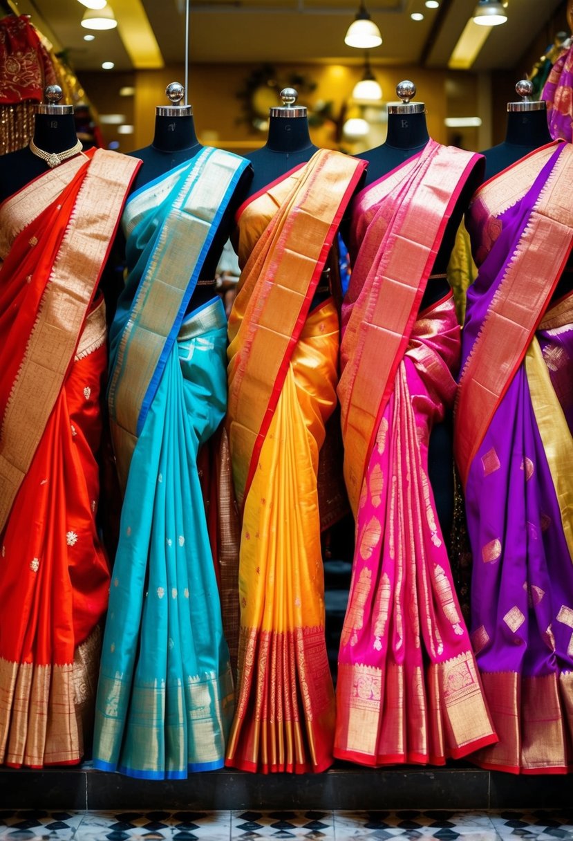 A vibrant display of Maharashtrian paithani sarees draped over mannequins in a traditional Indian wedding attire shop