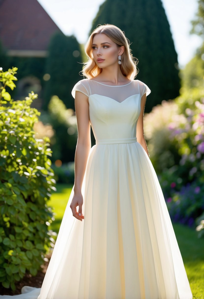 An ethereal A-line dress with delicate cap sleeves floats in a sunlit garden