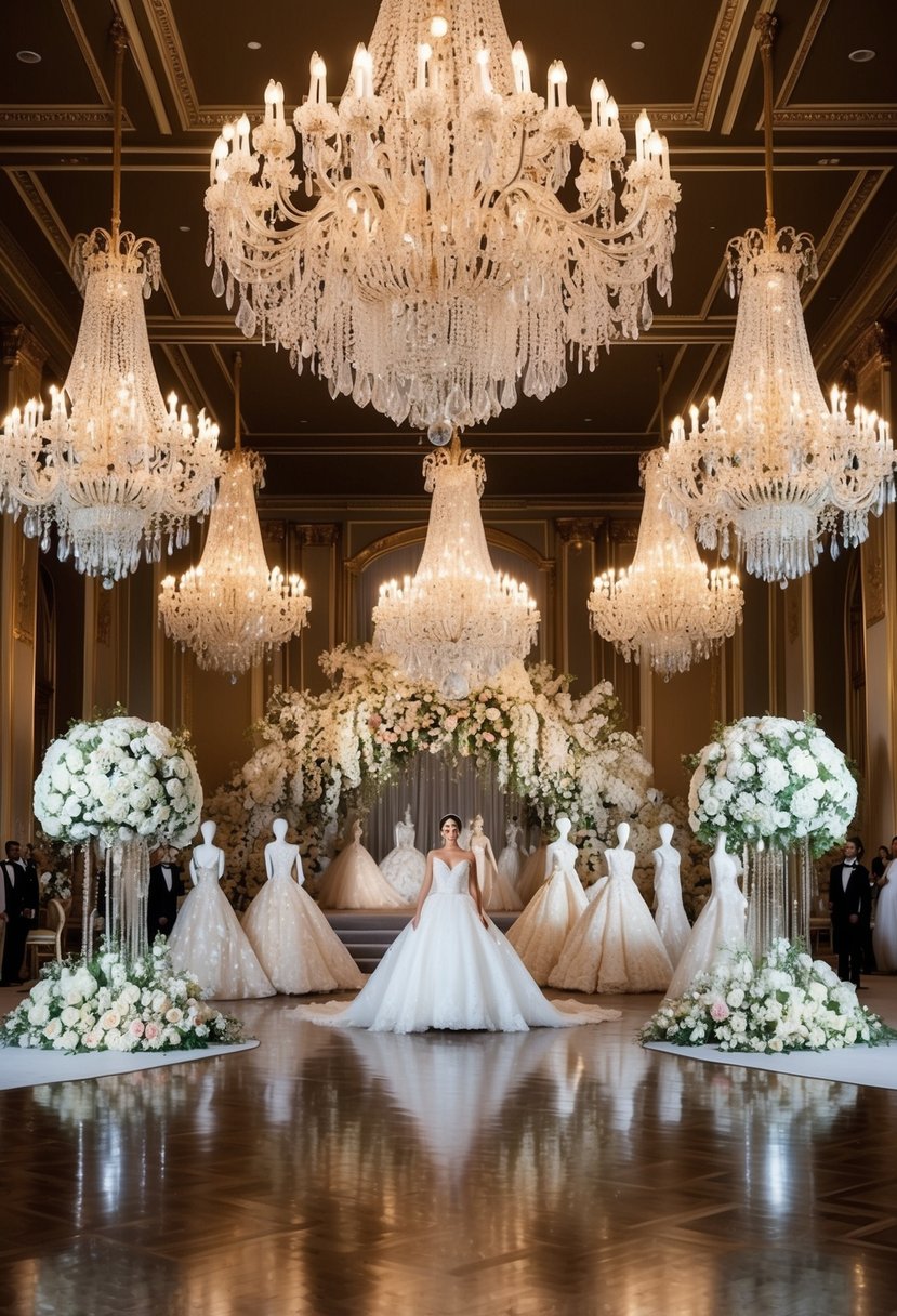 A grand ballroom with opulent chandeliers and cascading floral arrangements, showcasing a stunning array of extravagant wedding dress designs