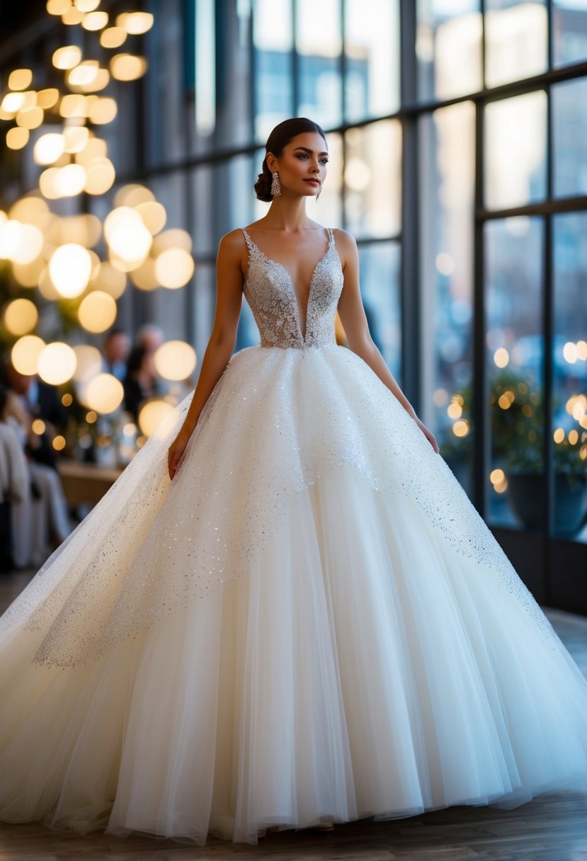 A grand tulle ball gown with a sparkling overlay, no lace, for a wedding dress