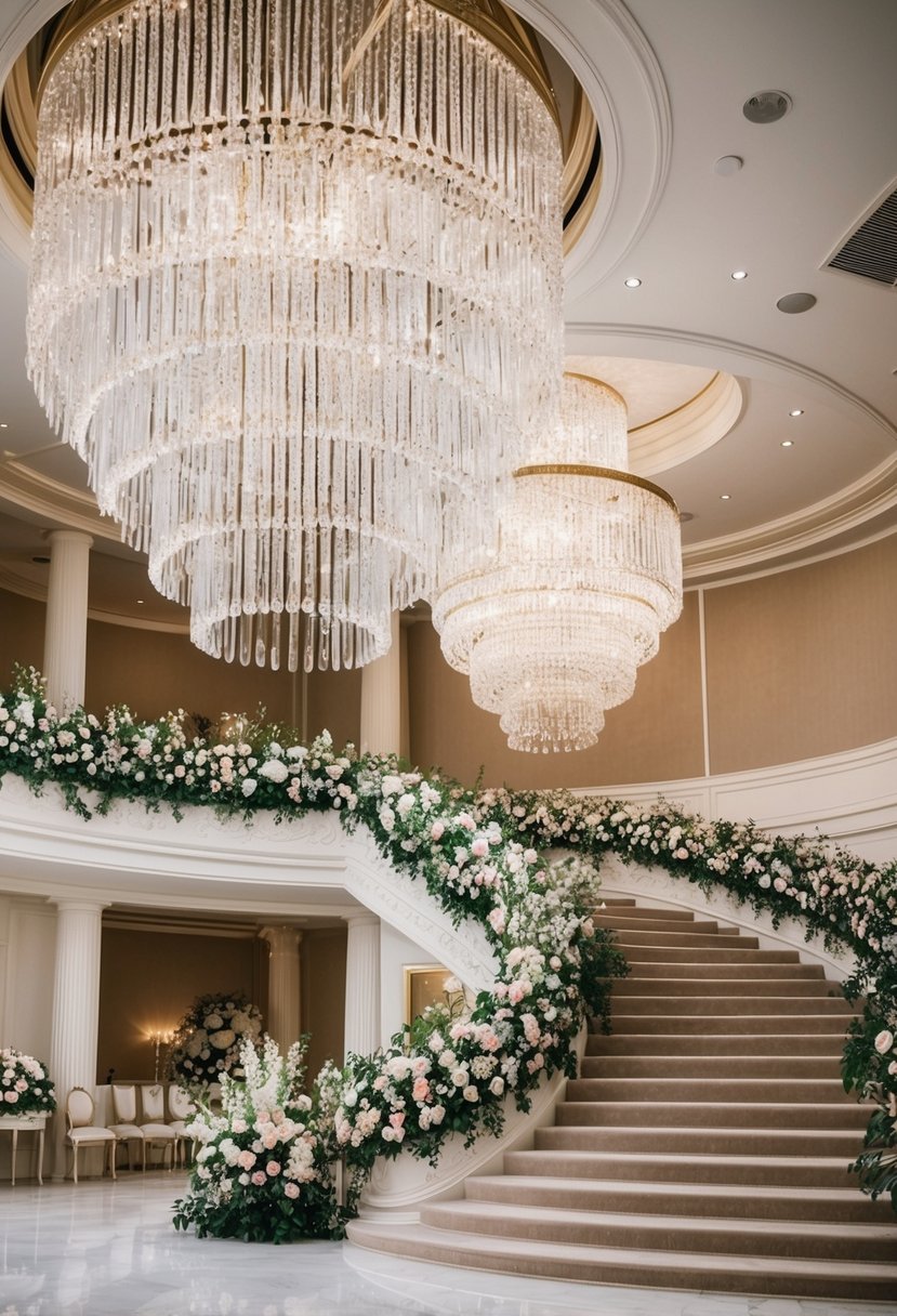 An opulent ballroom with cascading crystal chandeliers, grand staircase, and luxurious floral arrangements