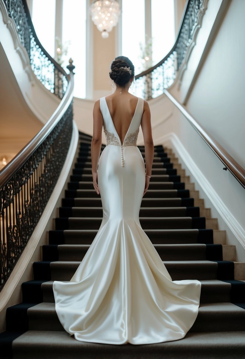 A Mikado mermaid dress with a plunging neckline cascades down a grand staircase, the smooth fabric gleaming in the soft light