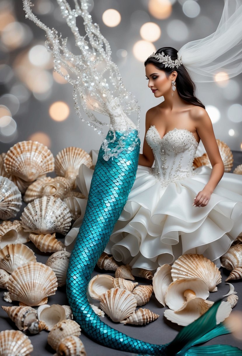 A mermaid marvels at extravagant wedding dress ideas, surrounded by shimmering seashells and flowing fabrics