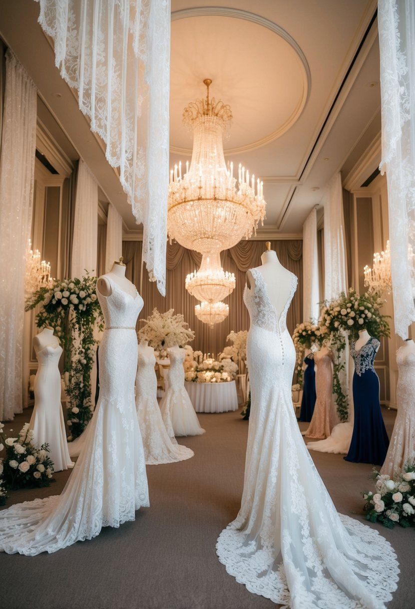 A grand ballroom adorned with cascading lace curtains, opulent chandeliers, and a lavish display of intricate lace wedding dresses