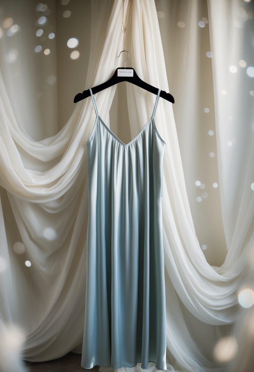 A flowing silk slip dress with delicate spaghetti straps hangs on a hanger, surrounded by soft, dreamy fabric and ethereal lighting