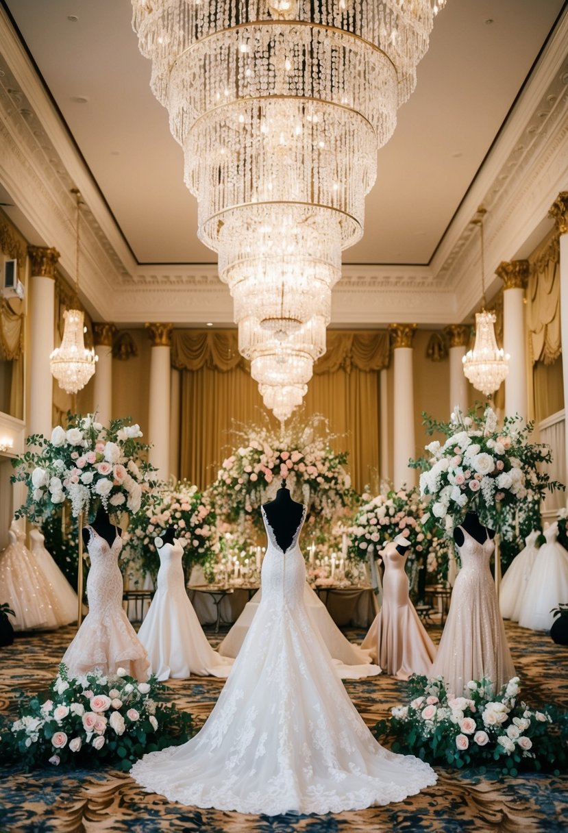 A grand ballroom with cascading chandeliers, ornate floral arrangements, and opulent vintage-inspired wedding dresses on display