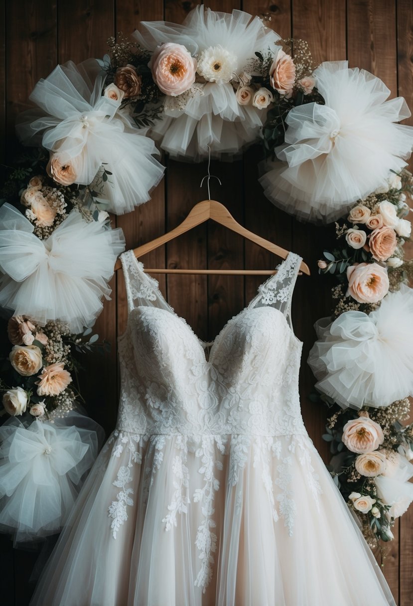 A plus size wedding dress hanging on a rustic wooden hanger, surrounded by delicate lace, floral appliques, and voluminous tulle