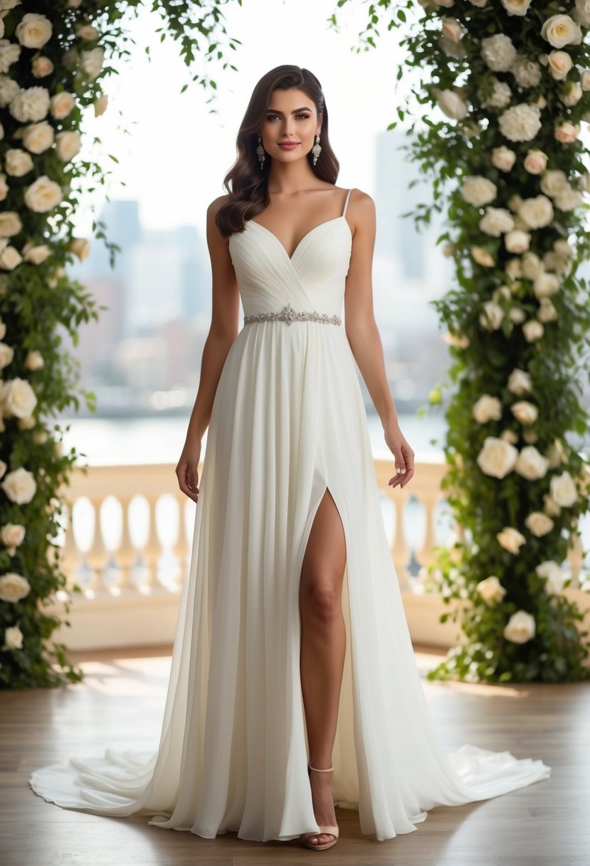 A flowing chiffon empire waist dress with a high slit, perfect for a romantic and elegant wedding ceremony