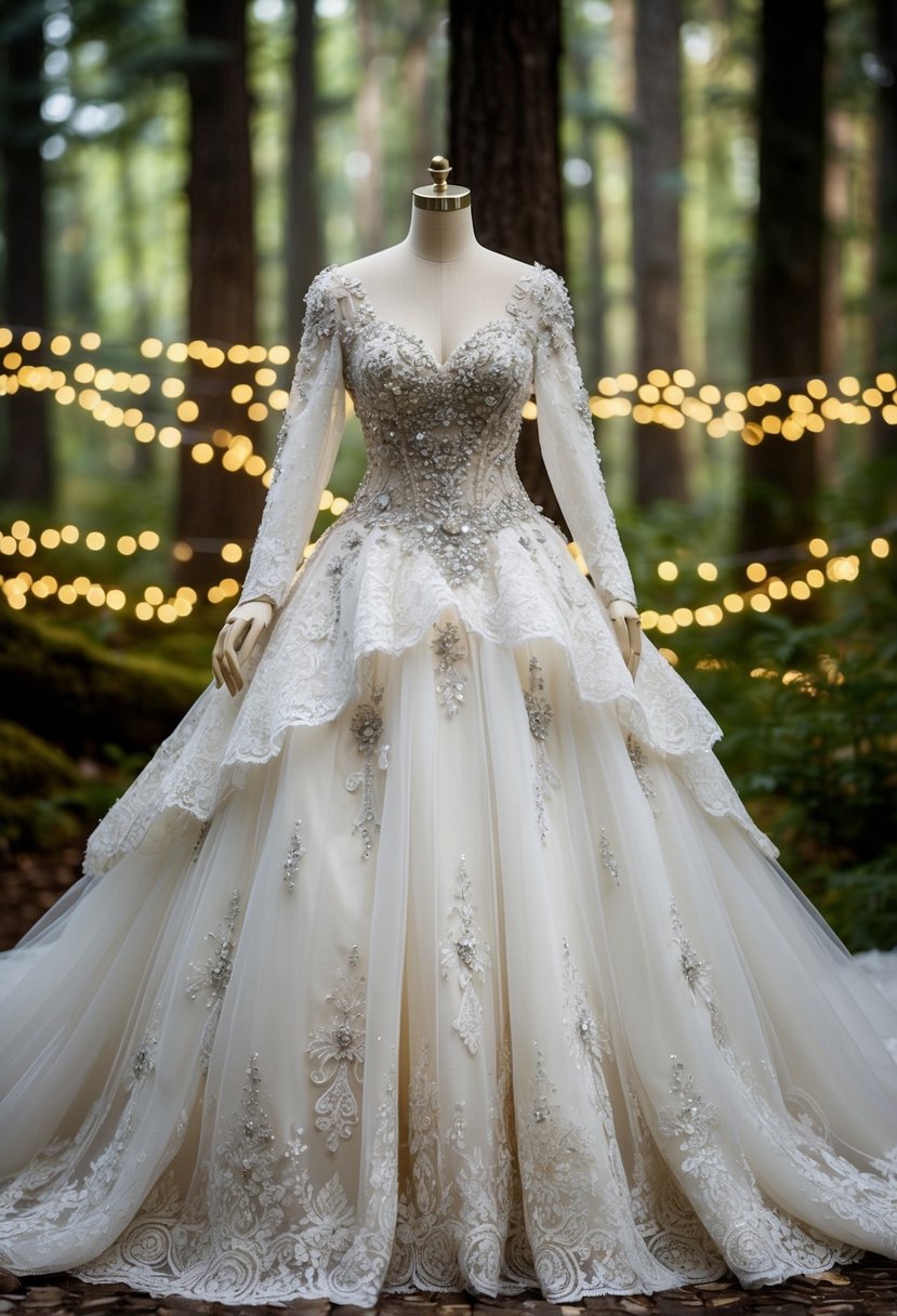 A grand, ornate wedding dress adorned with delicate lace, shimmering jewels, and flowing layers of tulle, set against a backdrop of a magical forest with twinkling fairy lights