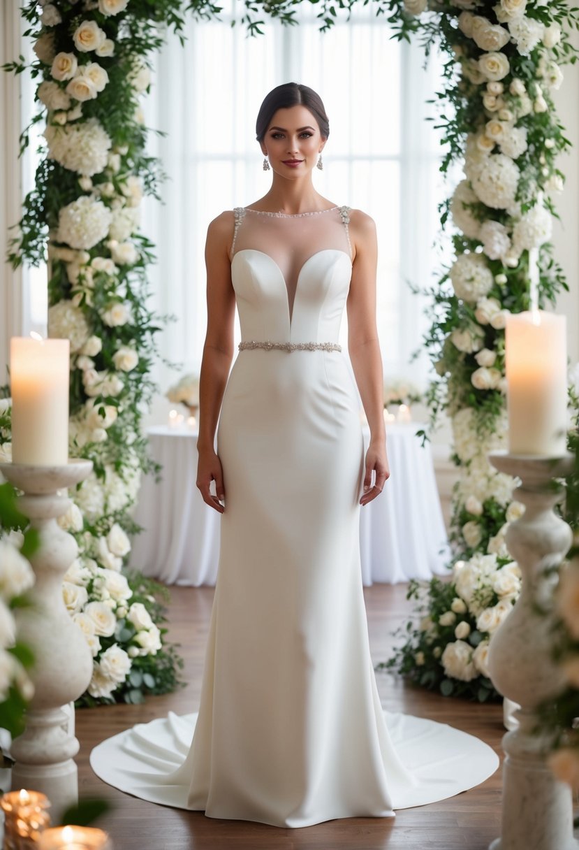 A bride standing in a crepe column gown with an illusion neckline, surrounded by elegant wedding decor