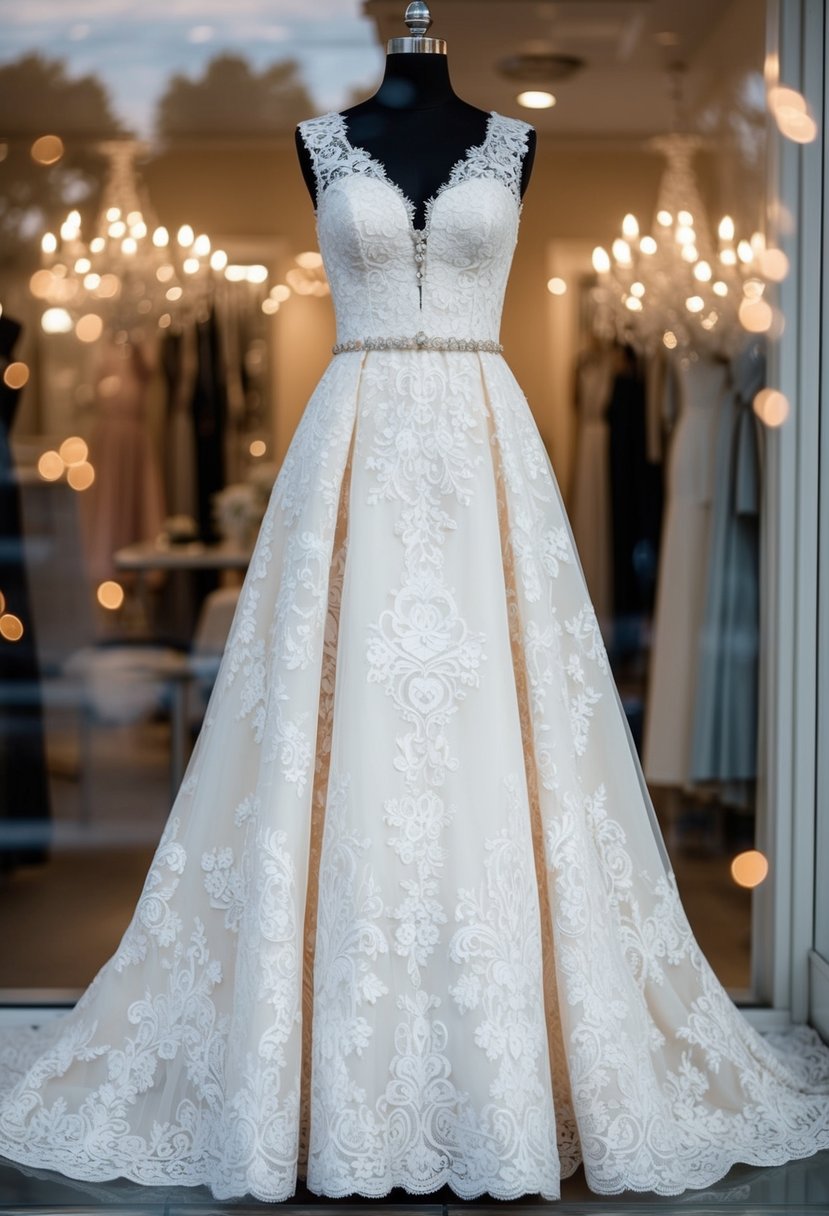 An elegant A-line lace gown displayed on a mannequin in a bridal boutique window