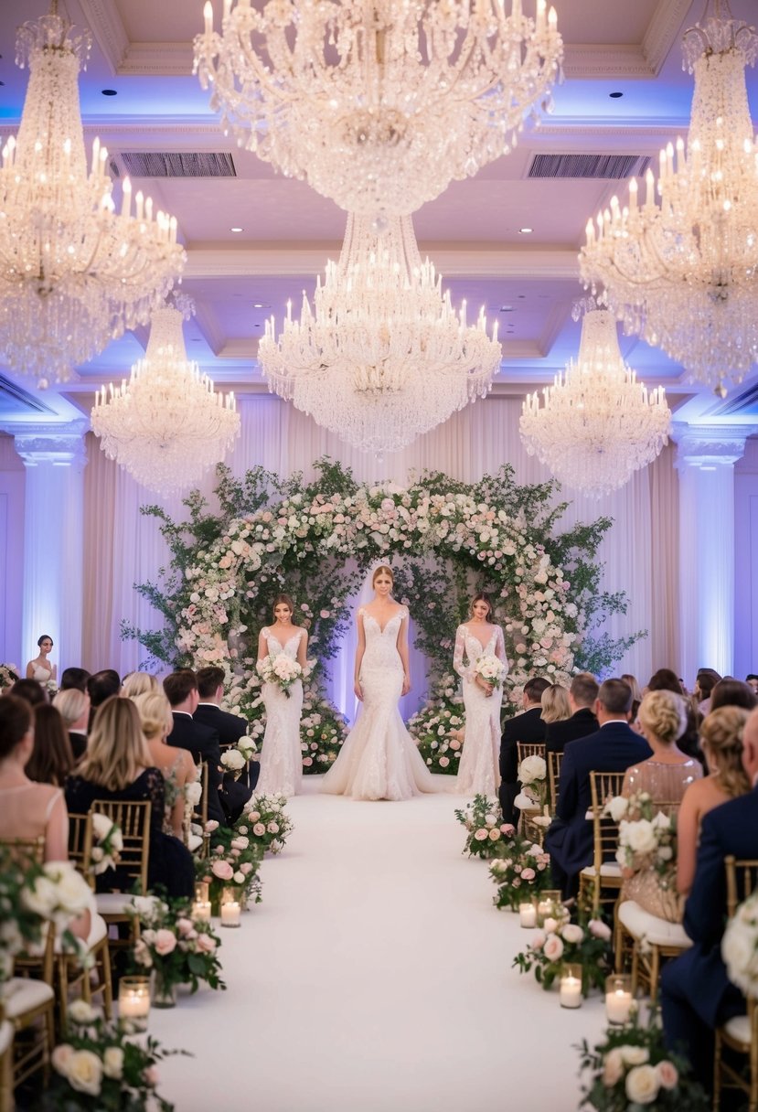 A grand ballroom filled with cascading crystal chandeliers, opulent floral arrangements, and a runway showcasing Chantilly lace and silk tulle wedding gowns