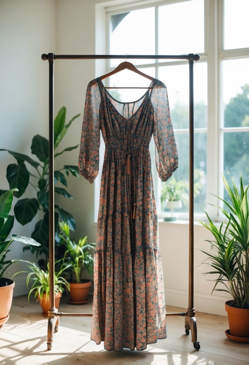 A flowing bohemian floral dress hangs on a vintage coat rack in a sunlit, airy room with large windows and potted plants