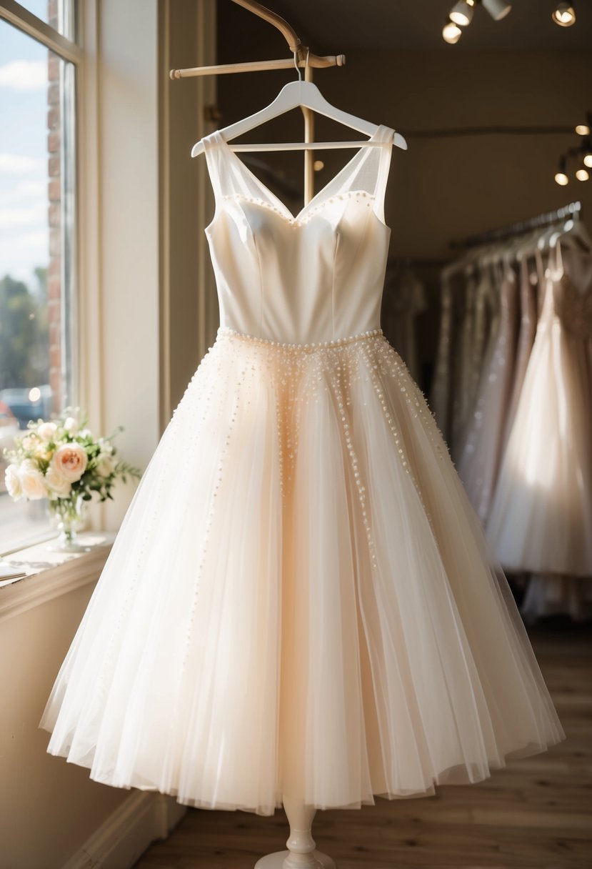 A tulle tea-length dress with pearl details hangs on a vintage dress form in a sunlit bridal boutique