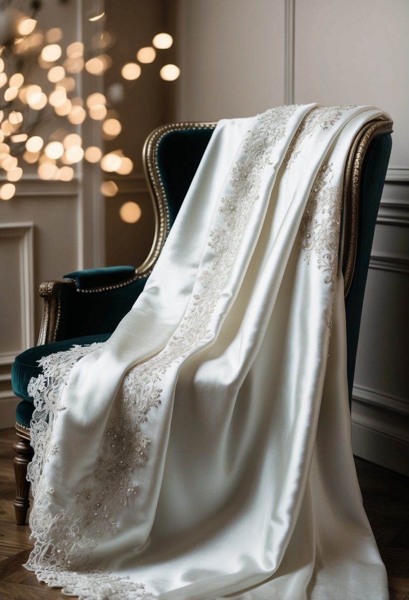 A luxurious silk wedding dress drapes over a velvet chair, adorned with intricate lace and sparkling embellishments