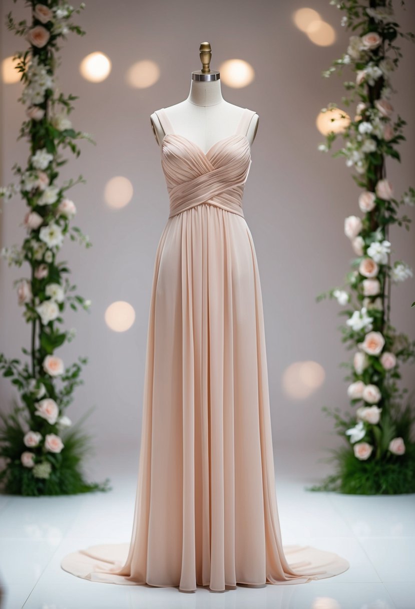 An elegant empire waist chiffon dress drapes gracefully on a mannequin, surrounded by soft lighting and delicate floral accents