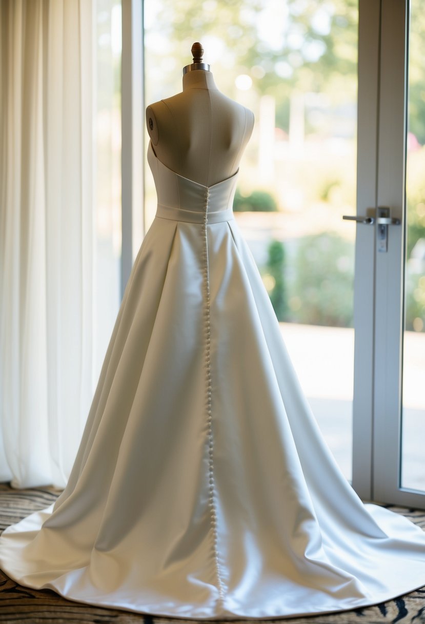 A satin fit-and-flare wedding dress with a buttoned back, no lace