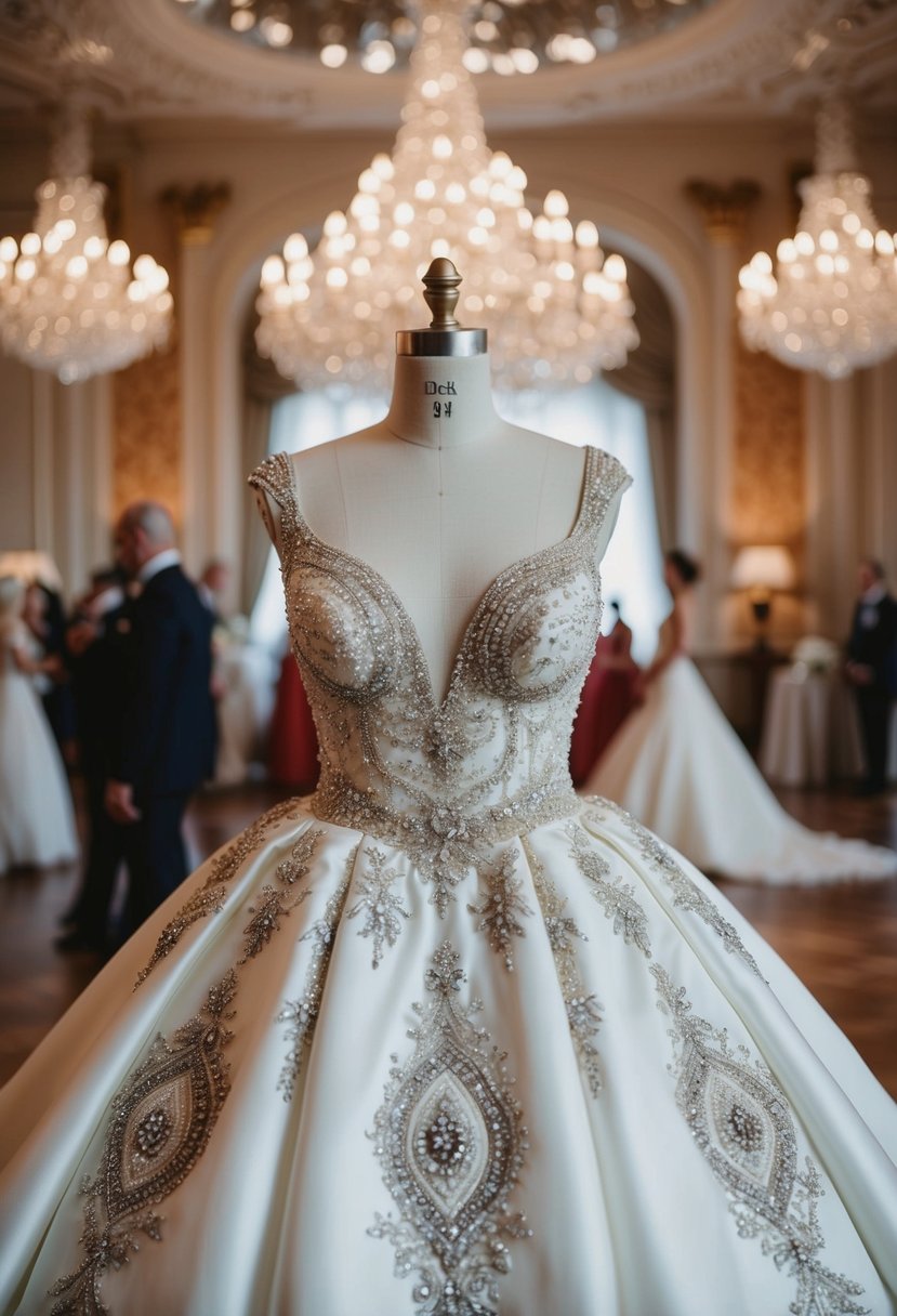 An opulent wedding dress adorned with intricate beading and luxurious embellishments