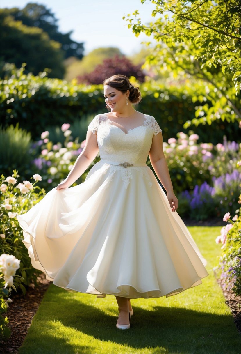 A bride twirls in a garden wearing a tea-length, vintage-inspired plus size wedding dress, surrounded by blooming flowers and dappled sunlight