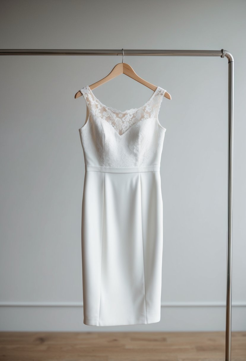 A simple, sleek sheath dress with a bateau neckline, devoid of lace, hanging on a minimalist clothing rack