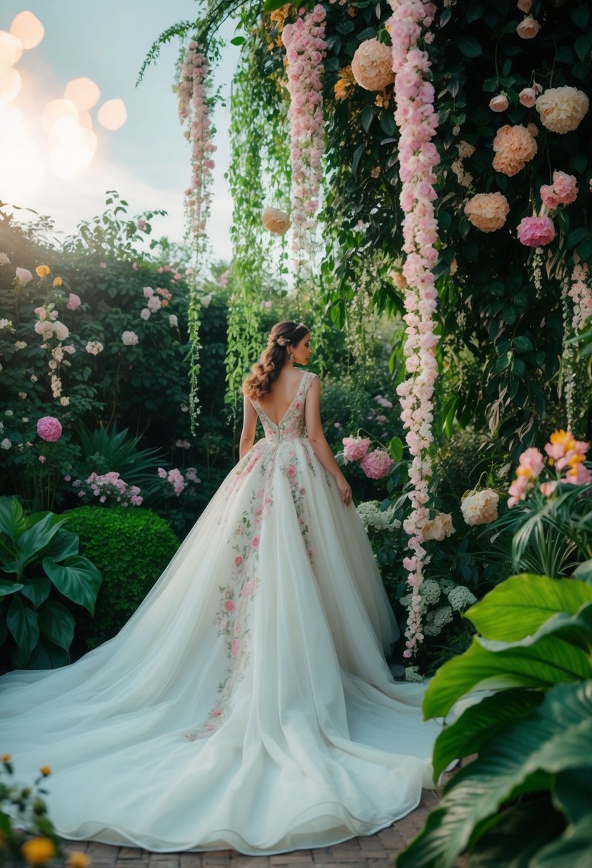 A lush garden with cascading blooms and vibrant foliage, a flowing gown adorned with intricate floral details, and a dreamy, ethereal atmosphere