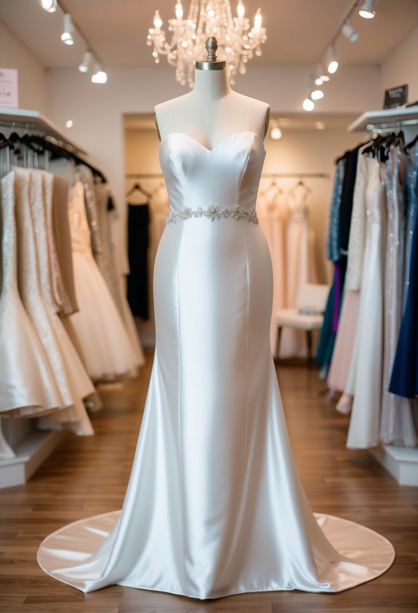 A plus-size satin sheath wedding dress displayed on a mannequin in a softly lit bridal boutique