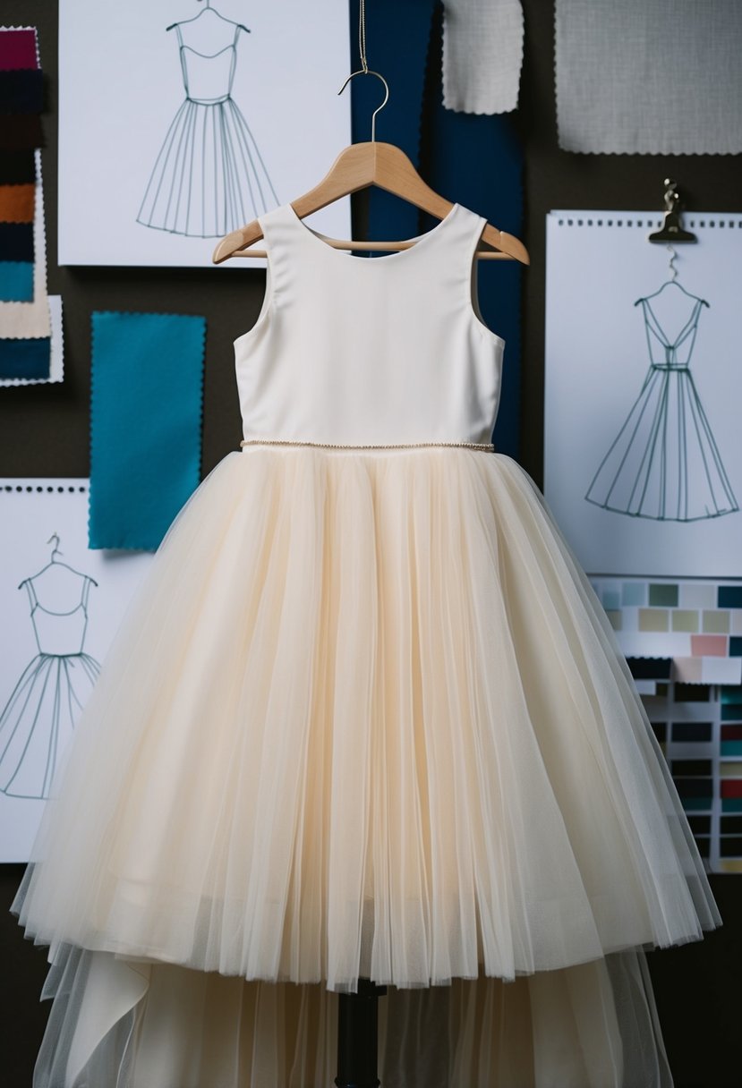 A simple tulle dress with a detachable train hangs on a dress form, surrounded by sketches and fabric swatches