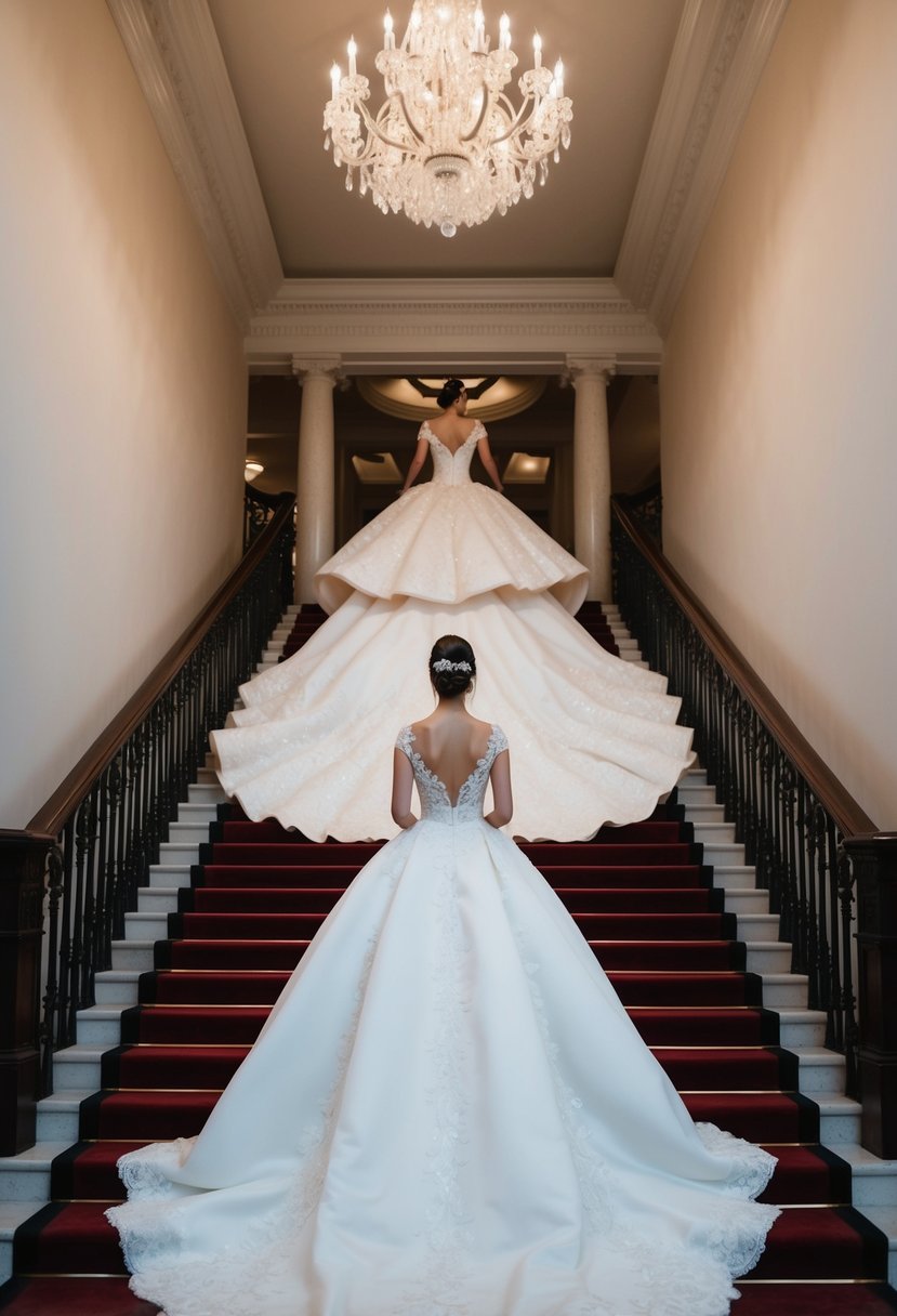 A grand train billows behind an opulent wedding dress, cascading down a grand staircase