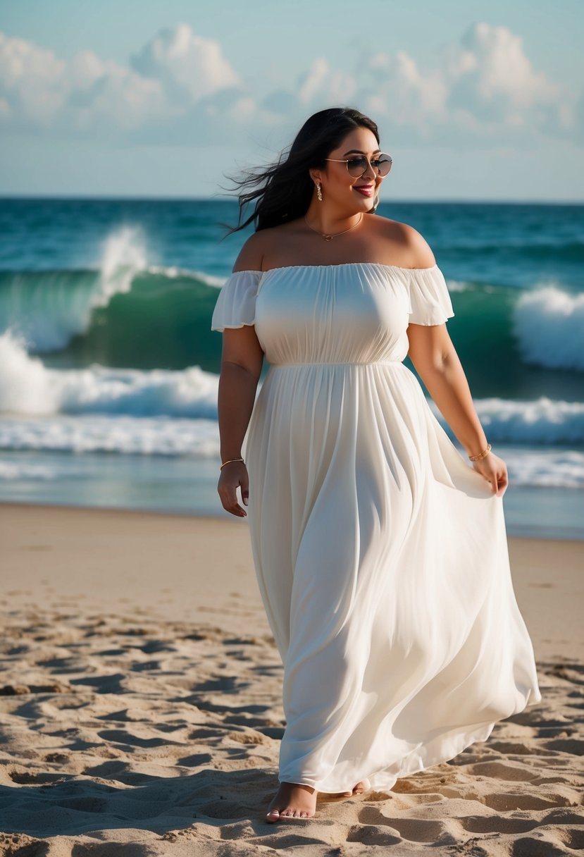 A plus-size off-shoulder maxi dress flowing in the breeze on a sandy beach with crashing waves in the background