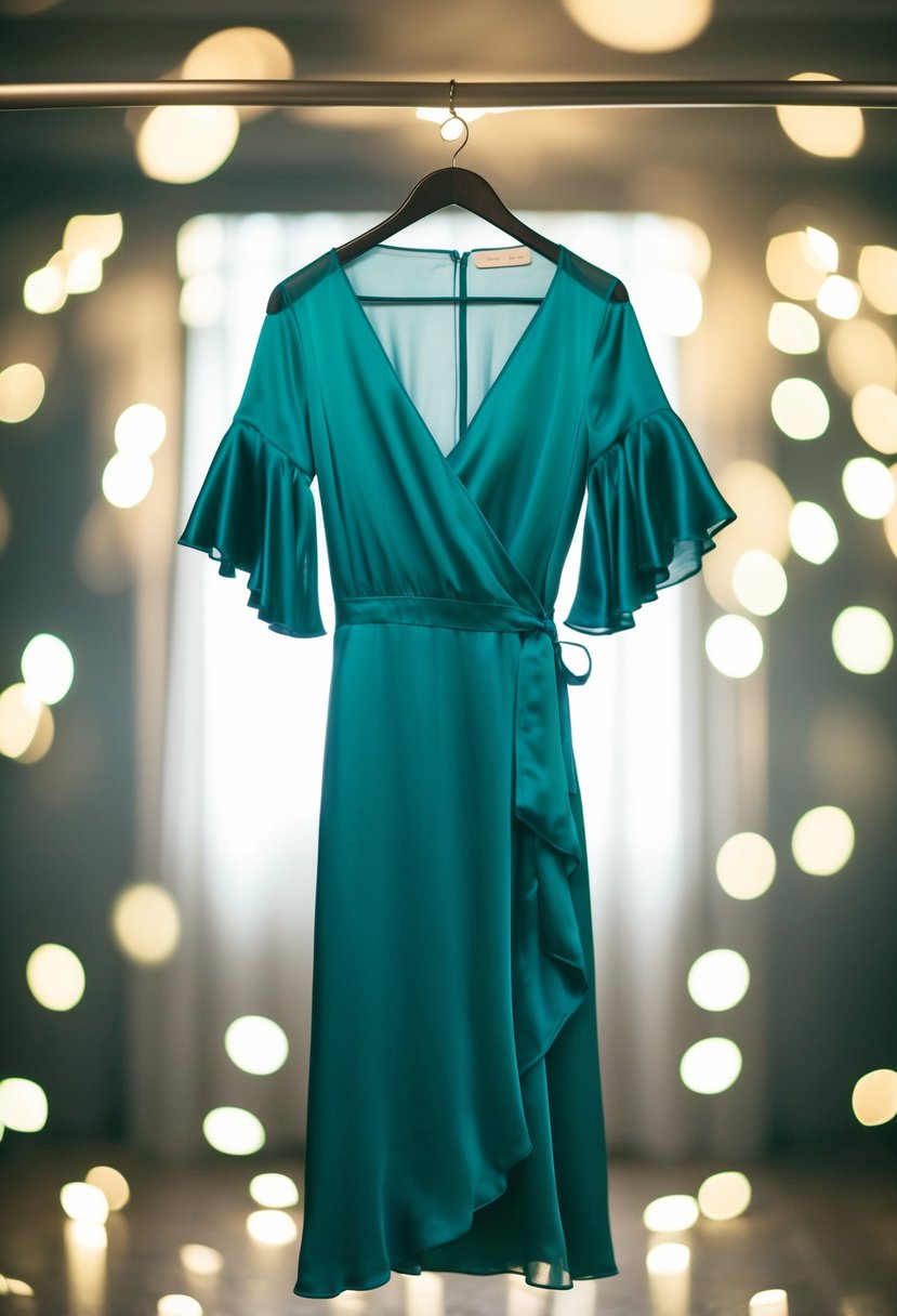 A flowing silk wrap dress with flutter sleeves hangs on a hanger, surrounded by soft, romantic lighting