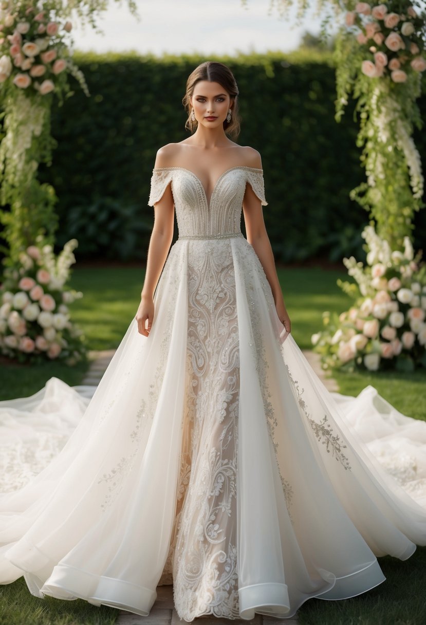 A flowing, off-the-shoulder wedding gown adorned with intricate lace and sparkling beading, set against a backdrop of lush garden greenery and delicate floral accents