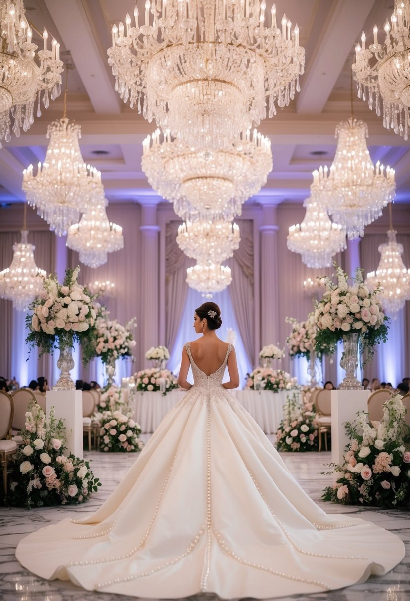 A grand ballroom filled with cascading crystal chandeliers and opulent floral arrangements, showcasing a luxurious wedding gown adorned with shimmering pearl accents