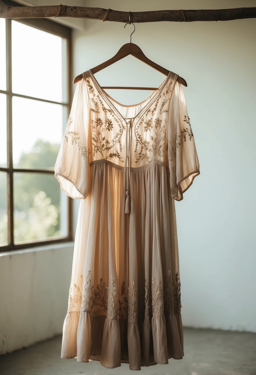 A flowing chiffon boho dress with delicate embroidery hangs on a rustic wooden hanger in a sun-drenched, airy room