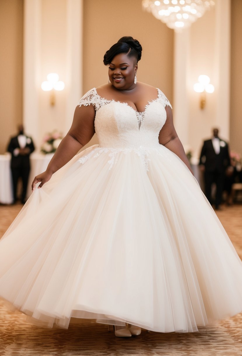 A plus-size bride twirls in a grand ballroom, wearing a classic tulle ball gown with a full skirt and delicate lace details