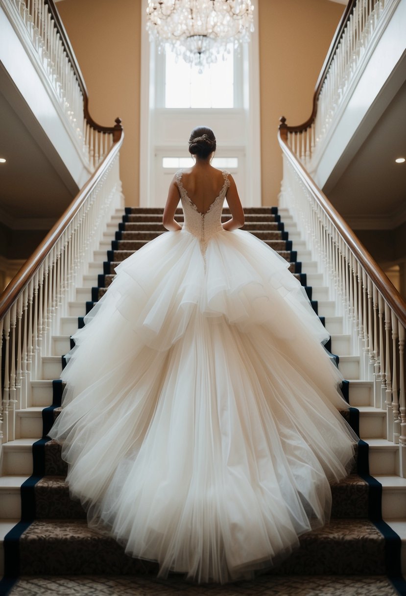 A voluminous tulle wedding dress cascading down a grand staircase