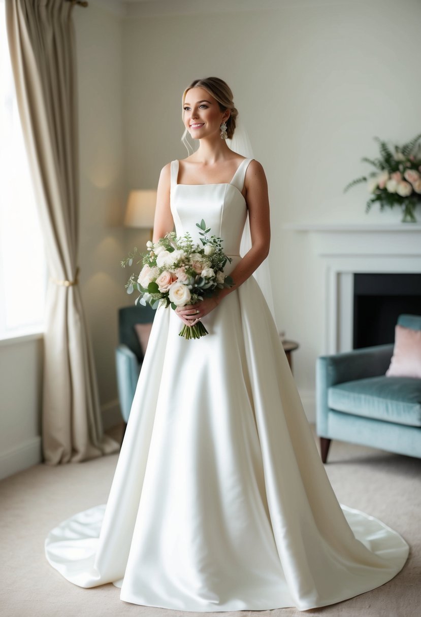 A bride in an A-line satin gown with a square neckline, no lace, standing in a softly lit room with a bouquet of flowers