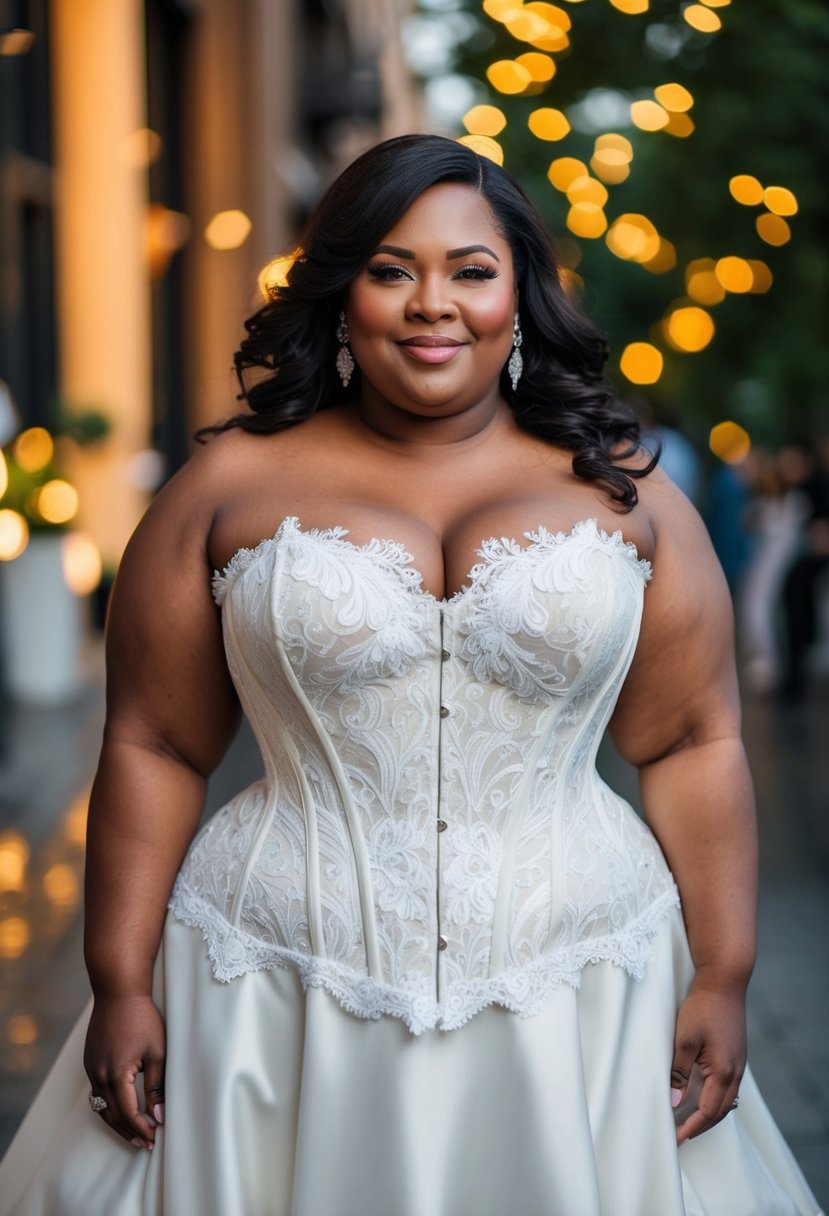 A plus-size bride stands in a modern corset-style wedding dress, featuring intricate lace and a flattering silhouette