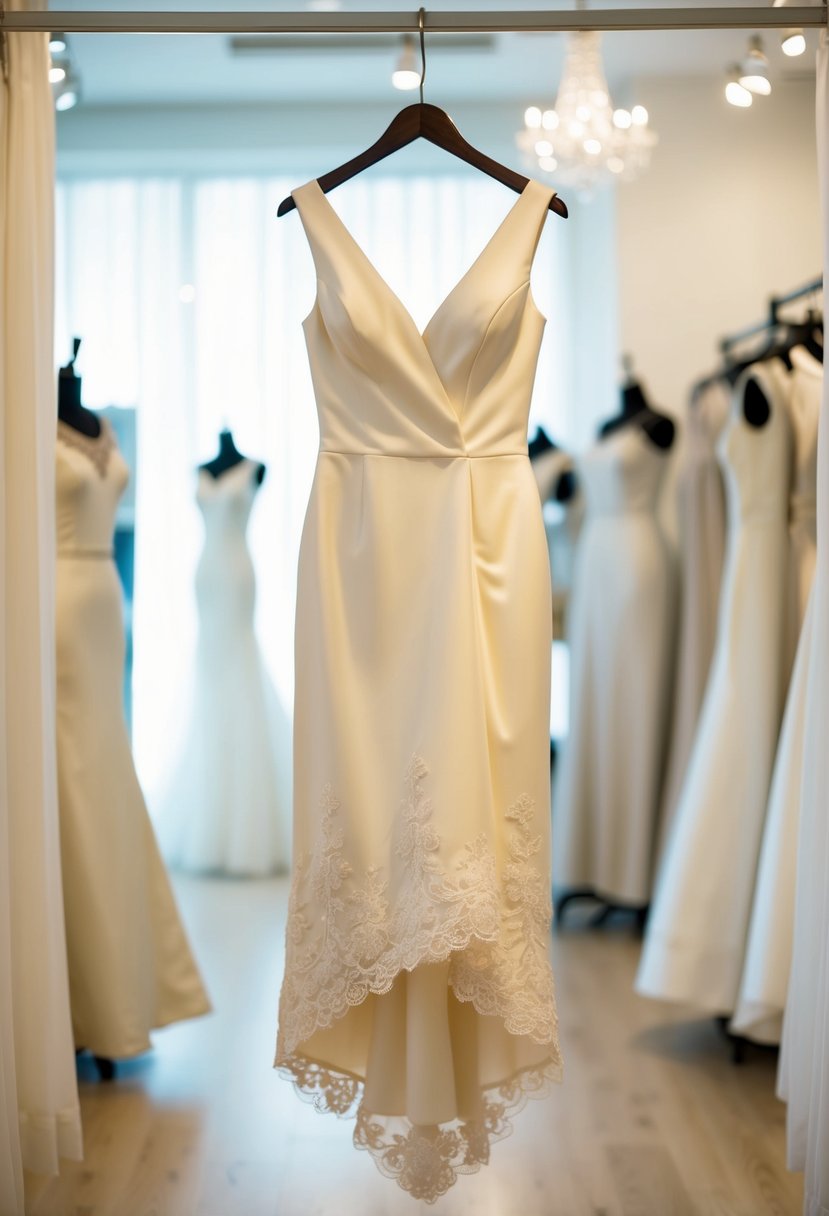 An elegant mikado dress with an asymmetrical hem, devoid of lace, hangs gracefully on a mannequin in a softly lit bridal boutique