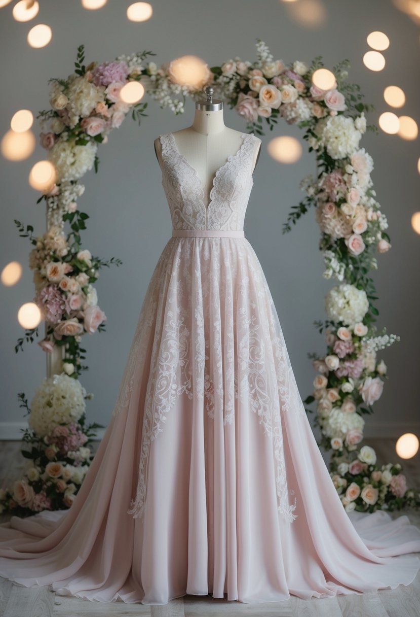 A pastel gown with intricate lace and flowing fabric, surrounded by delicate floral arrangements and soft, romantic lighting